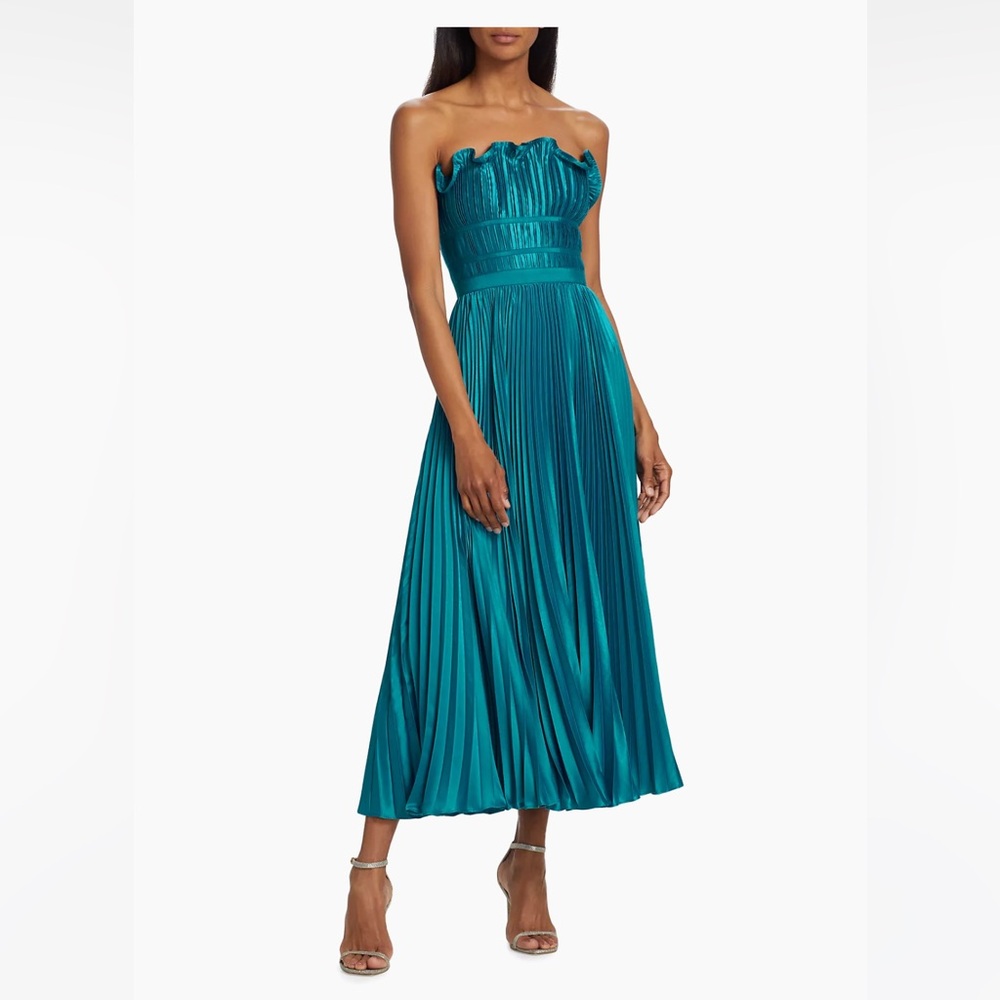 AMUR GIADA STRAPLESS PLEATED SATIN DRESS